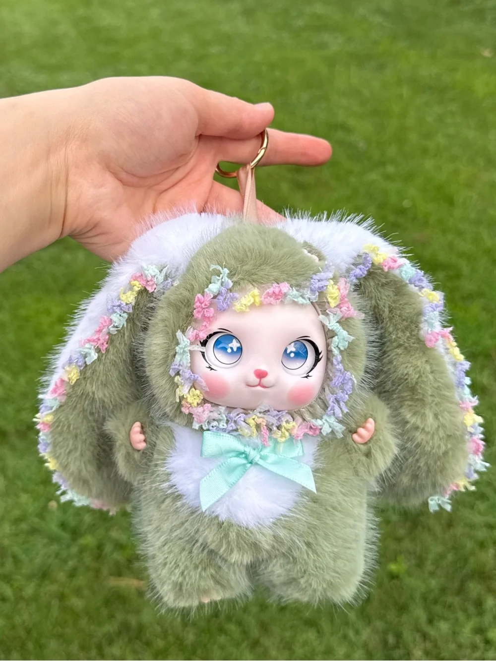 Adorable Kiwi Green BabyThree Plushie Bunny Keychain-Faux Fur with Floral Trim
